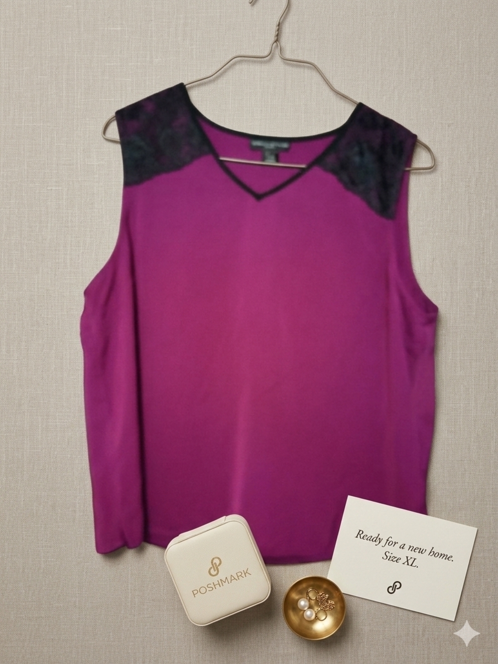 Sleeveless V-Neck Lace Shoulder Top - Magenta by